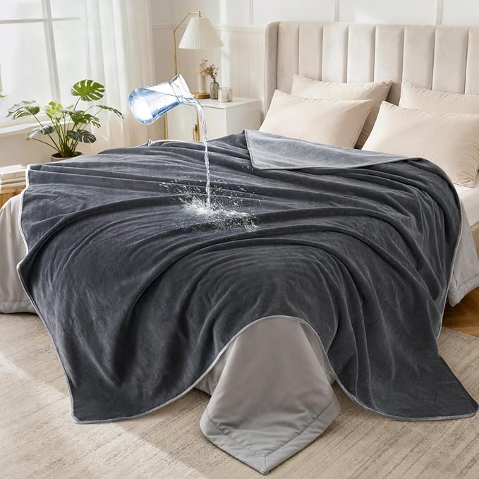 LOOBANI Waterproof Blanket for Bed Couch: Soft Coral Fleece Twin Bed Blankets Waterproof 60" x 80", Reversible Leakproof Throw Blanket, Stain-Resistant Furniture Protector, Pet-Friendly, Grey