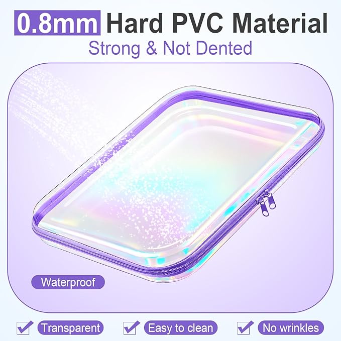 Sanwuta 6 Pcs Clear Hard Zipper Case Plastic Zipper Pouches Transparent Makeup Bag Pencil Case Pouches Toiletry Diaper Bag for Travel Toy Storage Organizer Bins(Holographic,13.78 x 11.81 x 2 Inch)