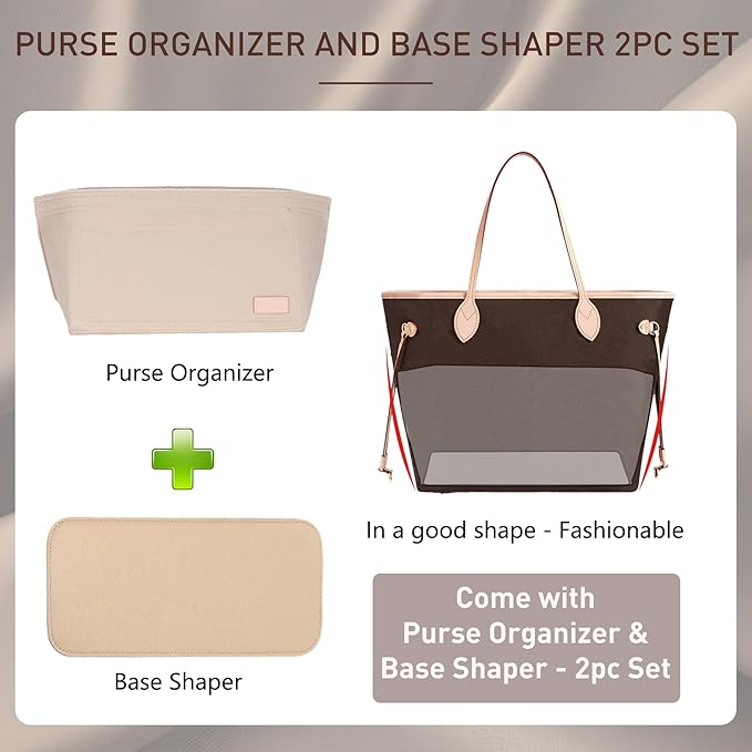 Doxo Purse Organizer Insert for Handbags & Base Shaper 2pc Set, Felt Organizer Insert Large Tote, Bag Organizer with Zipper 5 Sizes, Fit Speedy 30 Neverfull MM and More(Beige-L-Combination)