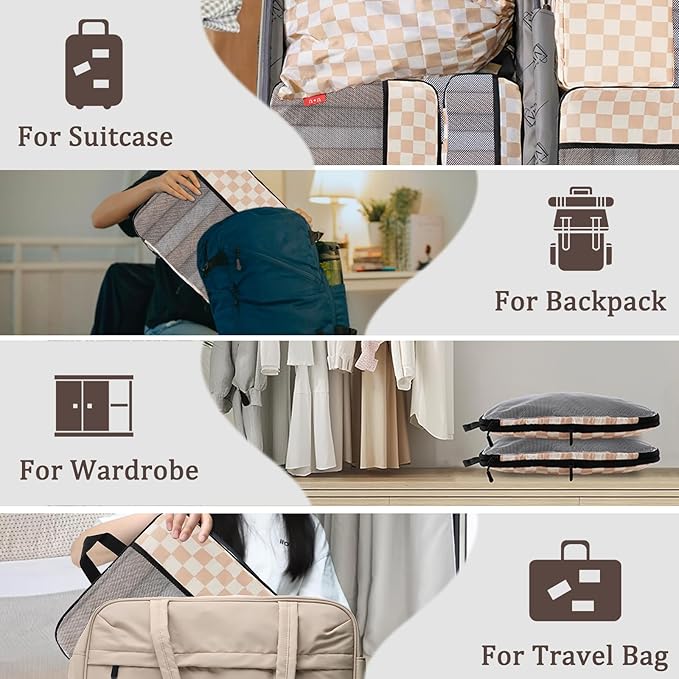 U+U 10 Set Compression Packing Cubes - Ultralight Travel Organizers with Laundry Bag and Cosmetic Bag, Space-Saving Suitcase Organizer for Travel, Business Trip and Family Vacation (Khaki Checkered)