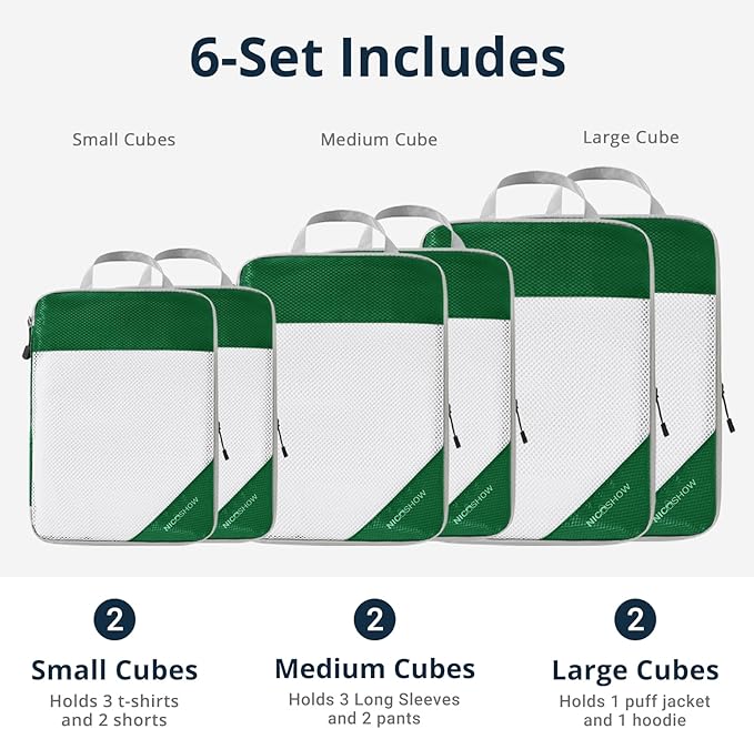 Compression Packing Cubes 6 Set, Compressible Space-Saving Packing Cubes for Travel - Compression Bags, Luggage Organizer, Travel Essentials for Women, Dark Green
