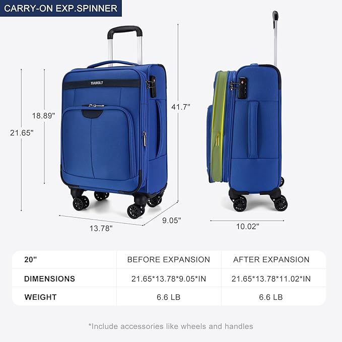 Carry On Luggage 22x14x9 Airline Approved with Wheels Softside Expandable Luggage Suitcase with TSA Lock-Blue