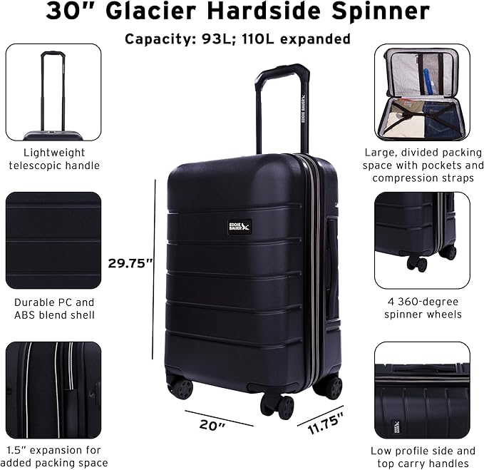 Eddie Bauer Glacier Checked 30" Luggage | Hardside | Spinner Wheels | Expandable | Lightweight | Travel Essentials - Storm Blue