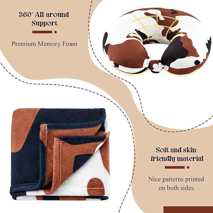 5 Pcs Travel Pillow and Blanket Set, 5 in 1 Travel Airplane Compact Includes 40 x 60 Inch Throw Blanket Eye Mask Neck Pillow Earplug and Bag Gifts for Travelers Women(Cow Print,Brown)