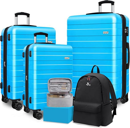 Zebra Luggage Sets 5 Piece, Lightweight Hardside Business Travel Suitcase Set with TSA Lock, Bonus Travel Backpack & Makeup Bag, 20/24/28 inch, Blue