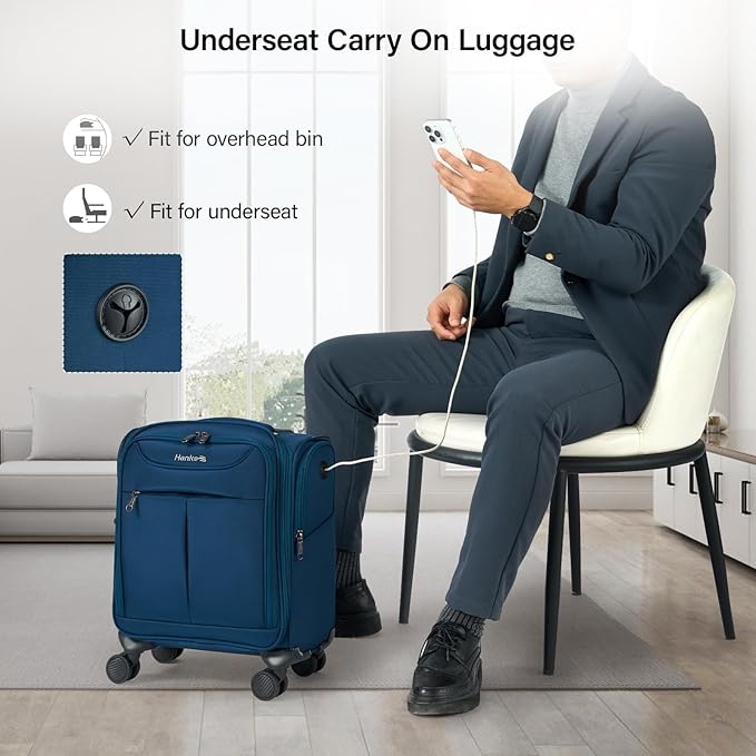 Hanke Underseat Carry On Luggage with Wheels, Lightweight Small Suitcase Airline Approved 16 Inch Softside Personal Item Travel Bag for Women Men, Compact Under Seat Luggage with Spinner Wheels.(Blue)