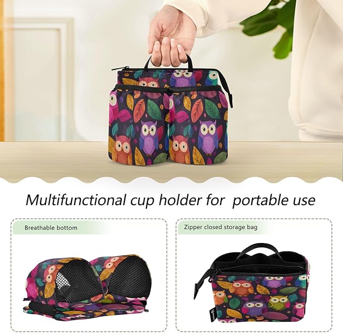 Luggage Cup Holder for Suitcases Free Hands Travel Cup Holder Portable Suitcase Cup Drink Holder Luggage Cup Caddy Bag Carrier Black Owl and Leaves