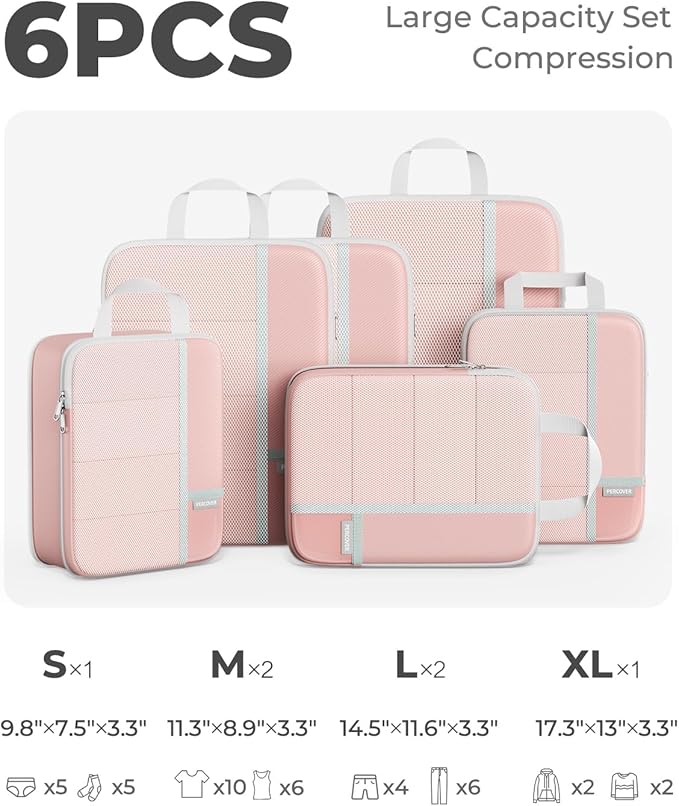 Percover Compression Packing Cubes 6-Piece Set, Packing Cubes Compression for Travel with Multi-Size Organization, Travel Organizer for Carry On & Checked Luggage, Pink