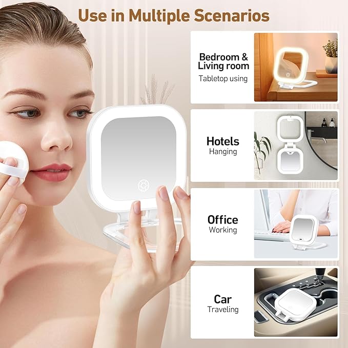 GOMIPURU Travel Mirror with Light, Compact Mirrors, 1x/30x Magnifying Mirror with 3 Color Lights and Adjustable Brightness, 4.5x3.9 inch Small Compact Hangable Hand Pocket Mirrors, Comes with Tweezer