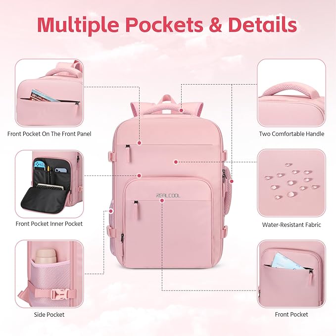 RealCool Travel Backpack for Women Men - Gift for Travelers, Students & Professionals, 17.3 Inch Laptop Carry On Backpack, TSA Flight Approved, College School Business Weekender Daypackg -Pink
