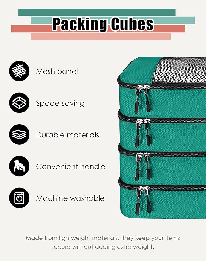 4-Piece Packing Cubes Travel Accessories Set for Suitcases - Luggage Organizer Bags with Double Zipper - Mesh Top - Large - Green