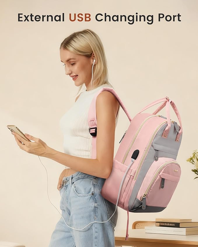 LOVEVOOK Backpack for Women,Laptop Backpack Women,Fits 15.6 Inch Laptop Bag,School Backpacks,Fashion Travel Work Anti-theft Bag,Waterproof Business Computer College Backpack Purse,Grey-Pink-Grey