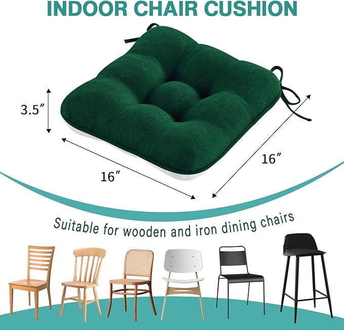BETU Chair Cushions for Dining Chairs Set of 6,3.5" Thick Kitchen Table Chair Pads with Ties,Non Slip Backing and Covers, Seat Cushion for Dining Room,Bar,Patio Chairs,16"X16"X3.5",Dark Green