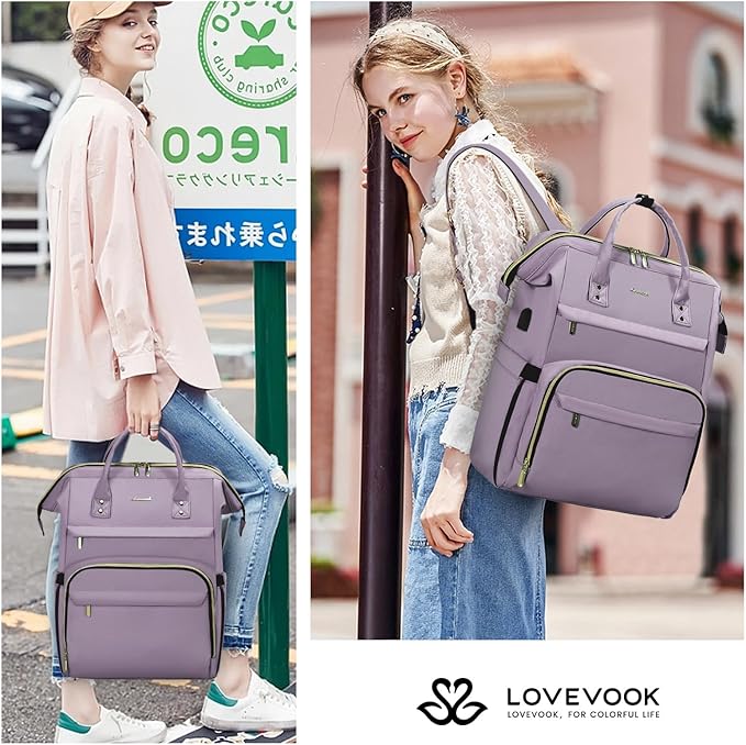 LOVEVOOK Laptop Backpack for Women,17 Inch Professional Womens Travel Backpack Purse Computer Laptop Bag Nurse Teacher Backpack,Waterproof Work Bags Carry on Back Pack with USB Port,Light Purple