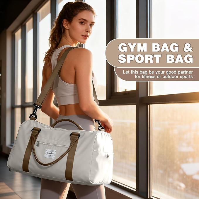 Gym Bag for Women Men with Shoes Compartment and Wet Pocket,Sport Swimming Yoga Bag,Waterproof Travel Duffel Bag Small Carry on Bag Overnight Weekender Bags Personal Item Bag for Airlines, Beige Brown
