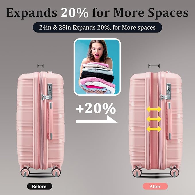 4 Piece Luggage Set PP Hardshell, Expandable Suitcase Set (20/24/28) with 14" Cosmetic Case, Lightweight Spinner Wheels with TSA Lock, Detachable Wheels for Nesting Storage (Pink)