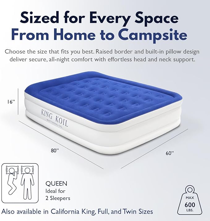 King Koil Luxury Pillow Top Plush Queen Air Mattress with Built-in High-Speed Pump Best for Home, Camping, Guests, Queen Size Double Airbed Adjustable Blow Up Mattress, Waterproof, 1-Year Warranty