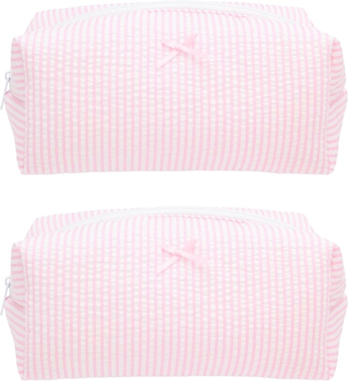 PAZIMIIK 2PCS Cozy Makeup Bag Travel Cosmetic Bag for Women Soft Toiletry Bag Aesthetic Makeup Organizer Portable Large Zipper Pouch for Skincare Beauty Accessories Brushes Stripe Pink