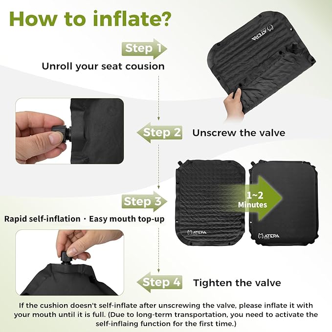 ATEPA Inflatable Seat Cushion, Self-Inflating Portable Stadium Airplane Travel Foam Cushion Pad for Camping, Sports Events, Outdoor