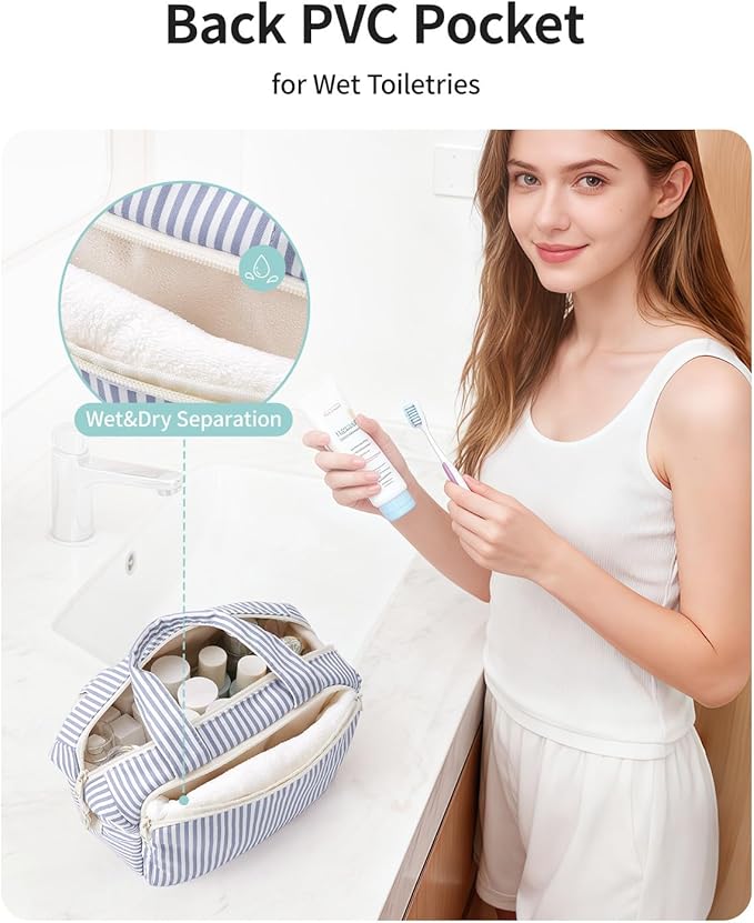 Narwey Travel Toiletry Bag for Women, Wide Open Large Makeup Bag, Cosmetic Bag Make Up Organizer with Handle, Wet Pocket for Towel, Travel Bag for Toiletries, Brushes, Essentials (Greyish Blue Stripe)