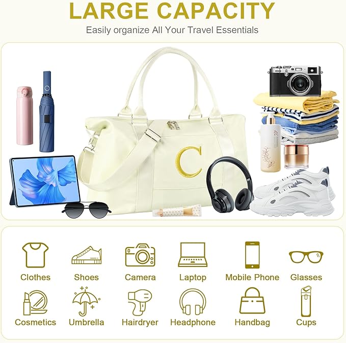 Personalized Initial Gym Dance Bag, Travel Duffel Bag for Teen Girls, Carry On Bag Overnight Weekender Bag with Trolley Sleeve, Birthday Gifts for Women Mom Daughter Graduation Gift(Letter C, Beige)