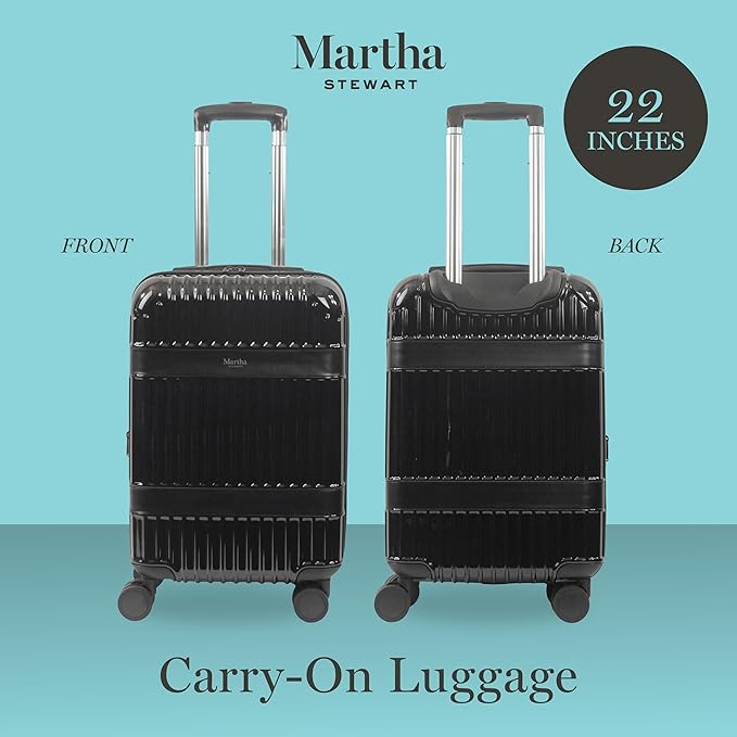 Martha Stewart The Bedford 22 Inch Carry On Luggage, Hardshell Rolling Suitcase with Spinner Wheels, Black