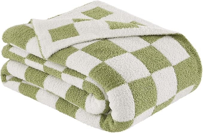 Checkered Throw Blanket, Sage Green Soft Cozy Fluffy Knitted Throw Blankets for Couch, Sofa, Bed, Chair, Warm Fuzzy Travel Picnic Lightweight Plaid Blanket, 60x80 inches