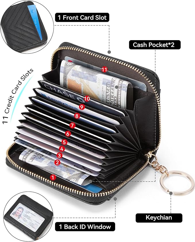 BOSTANTEN Credit Card Holder Wallet RFID Blocking Leather Small Wallet for Women Zipper Keychain Wallet with Wristlet Black
