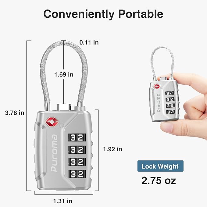 Puroma 2 Pack TSA Approved Luggage Lock, 4 Digit Combination Travel Cable Locks Resettable Code Lock with Zinc Alloy Body for Suitcase, Toolbox, Backpack, Bag, Gym Locker (Silver)