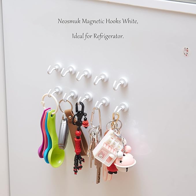 Neosmuk Magnetic Hooks,30lb+ Heavy Duty Earth Magnets with Hook for Refrigerator, Extra Strong Cruise Hook for Hanging, Magnetic Hanger for Cabins, Grill (White, 6 Pack)