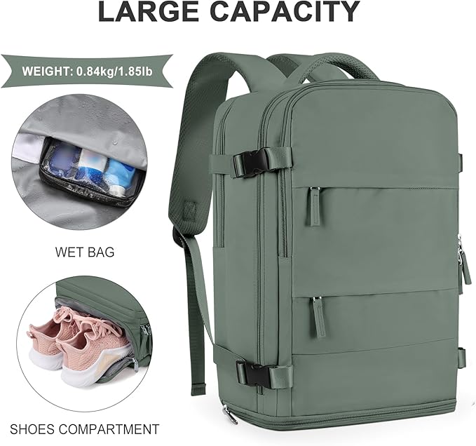 coowoz Large Travel Backpack For Women Men,Carry On Backpack Flight Approved,Hiking Backpack Waterproof Outdoor Rucksack Casual Daypack Fit 15.6 Inch Laptop Shoes Compartment,30L(Olive Green)