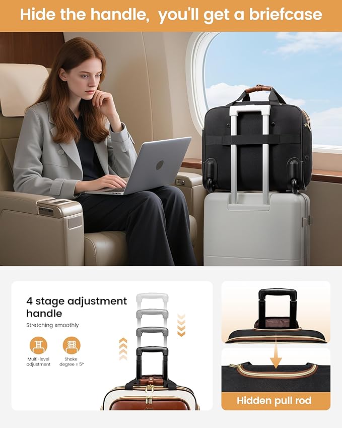 LOVEVOOK Rolling Laptop Bag Women, 17.3 Inch Laptop Briefcase with Wheels, Soft Sided Underseat Carry On Luggage Personal Item Suitcase for Work Travel Business, Black Brown Beige