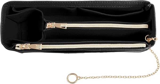 Purse Organizer Insert, Handbag Organizer with Zipper, Tote Shaper with Cup Holder & Keychain, Compatible with LV, Neverfull, MK, COACH, Longchamp, Kate Spade– Black-Sl. Med