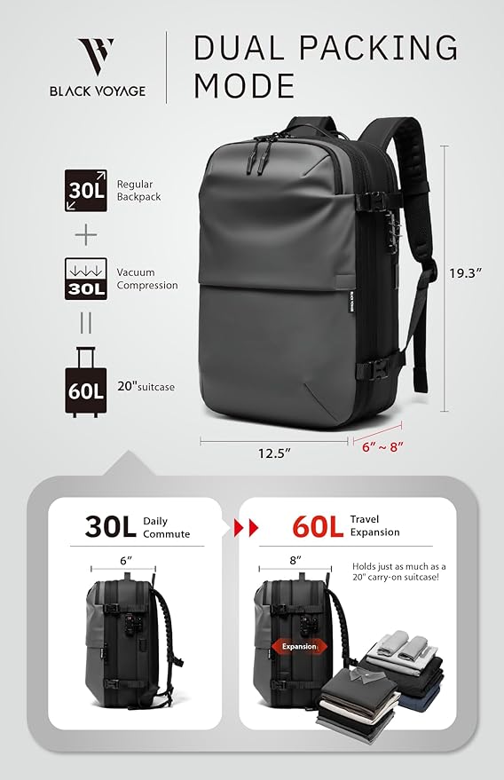 BlackVoyage Vortex Vacuum Seal Travel Backpack 60L Expandable Air Compression System Water Resistant TSA Lock Carry-On Suitcase Luggage Gray AERO - Vacuum Pump Included