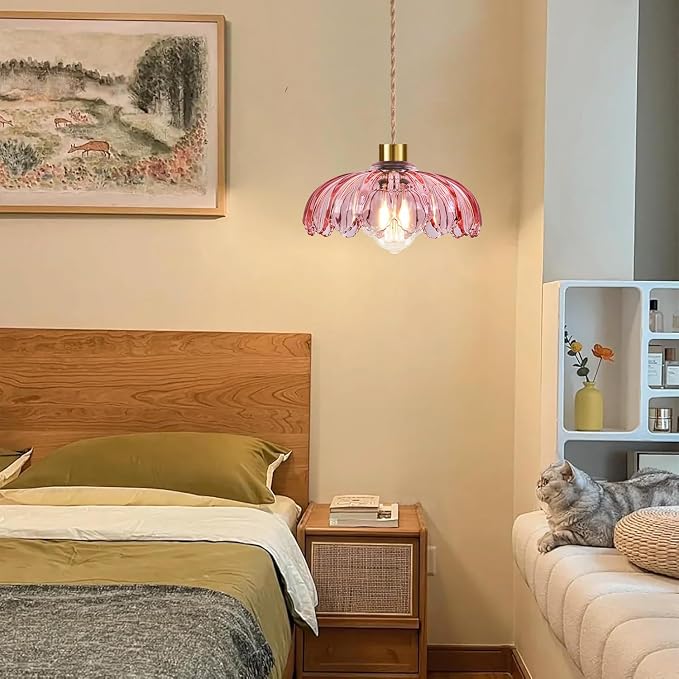 QIYIZM Pink Plug in Pendant Light Glass Hanging Lights with Plug in Cord Boho Hanging Lamp Gold Mid Century Modern Vintage Dimmable Flower Plug in Chandelier Ceiling Fixture for Living Room,Bedroom