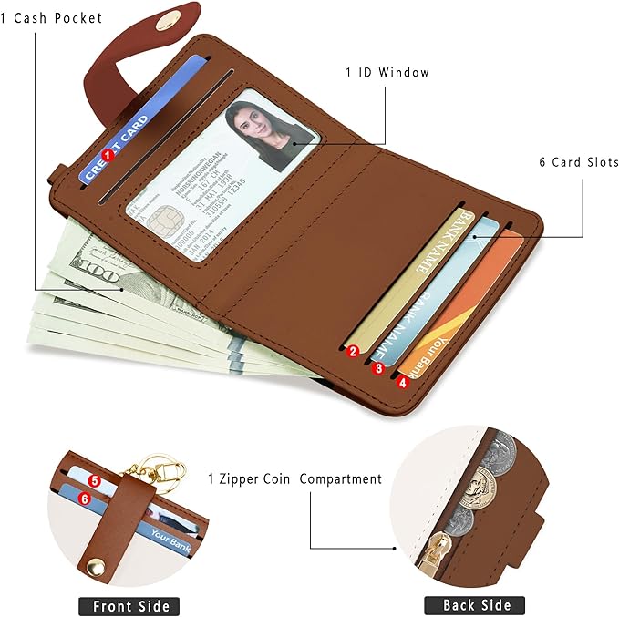 Airkit Small Wallets Woman RFID Blocking Leather Credit Card Holder - with ID Window - Card Wallets for Women - with Zipper Coin Purse - Keychain Wallet