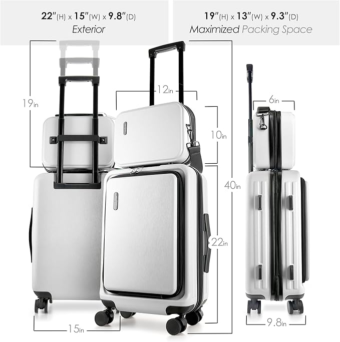 20 Inch Carry On Luggage 22x14x9 Airline Approved, Carry On Suitcase with Wheels, Hard-shell Carry-on Luggage, Durable Luggage Carry On, White Small Suitcase with Cosmetic Carry On Bag