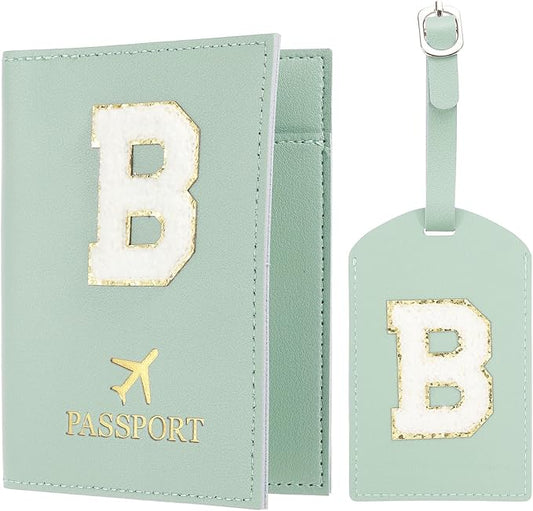 PATIKIL Passport Holder for Travel, Initial Passport Cover and Luggage Tag Set with Alphabet Chenille Letter Patch Travel Wallet Bag Suitcase Identifier for Women Family Travel Green B