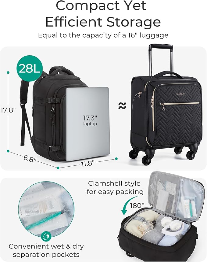 BAGSMART Travel Backpack Carry on Flight Approved, 28L Lightweight Backpack Fits 17.3 Inch Laptop for Men Women, Water Resistant Personal Item Travel Bag with USB Charging Port, Pink