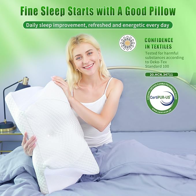 SAHEYER Cervical Neck Pillow, Memory Foam Pillow for Neck Pain Relief and Snoring, Ergonomic Pillow for Side Sleeper, 2 in 1 Orthopedic Pillow for Back and Stomach Sleeper, White