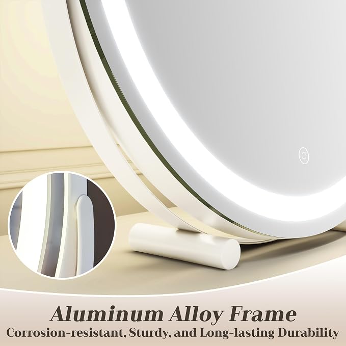 ROLOVE 18 Inch Makeup Mirror with Lights, Large Round Vanity Mirror for Tabletop Desk, Smart Touch Dimmable LED, 360° Rotation, White, Gifts for Women, Wife, Mom, Girls
