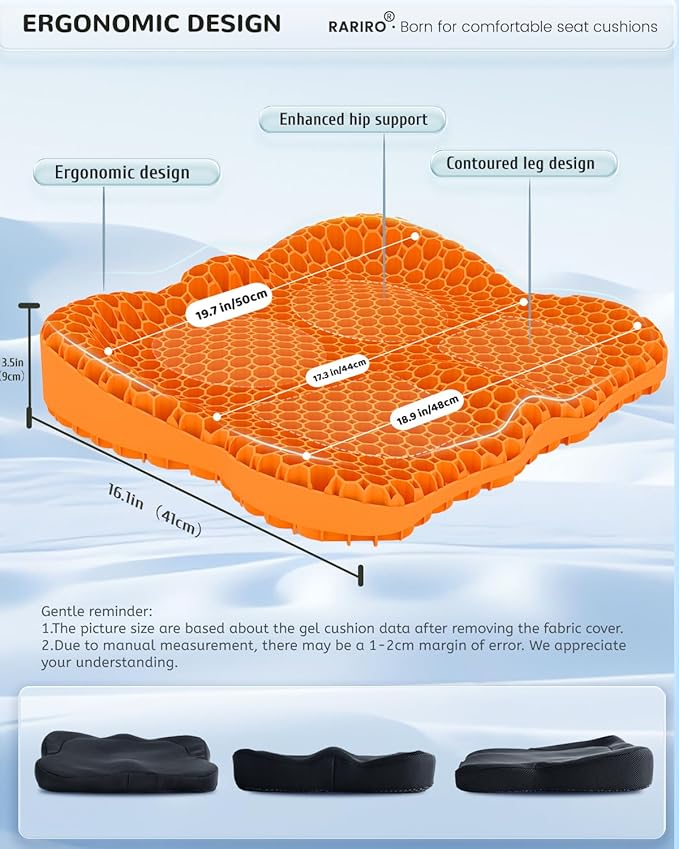 Enlarged 19.7" Gel Seat Cushion, Egg Gel Chair Pads for Wheelchair Pressure Coccyx Sciatica Pain Relief, Cooling Desk Seat Cushion for Kayak, Car, Office Chair Long Sitting[Orange]