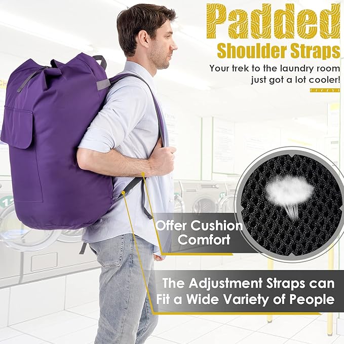 Backpack Laundry Bag, 115L Heavy Duty Extra Large College Laundry Backpack, Dirty Clothes Bag with Shoulder Straps, Laundry Hamper Bag with Drawstring Closure for College Dorm, Apartment Purple