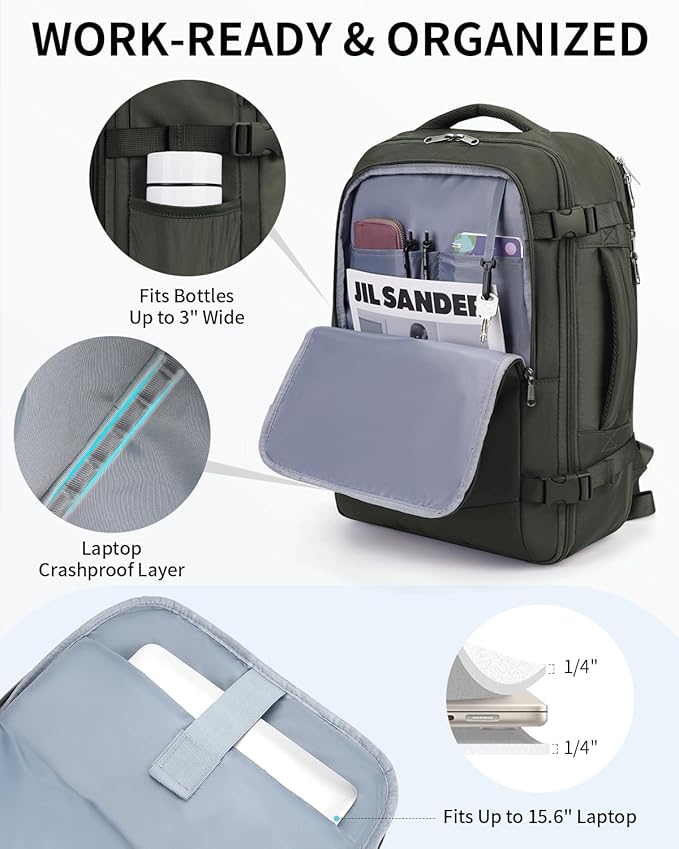 ECOHUB 17" Small Unisex Travel Backpack United Airlines Approved 17x10x9 Friendly Suitcase Anti-Theft Lockable Zippers Style Personal Item Bag Travel Essentials with 12 Pockets Water Resistant, Green
