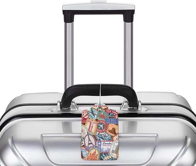 Travel Stamp 2 Pack Luggage Tags Travel PU Cute Leather Luggage Tag Name ID Labels with Privacy Cover Suitcases Women Men Girls Boys Fun Laggage Tags