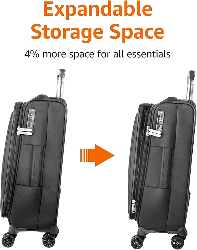 Amazon Basics 20" Carry-On Luggage, Softside Suitcase With TSA Lock, 8 Spinner Wheels, Telescoping Handle, Front Exterior Pocket, 3 Interior Pockets, Black