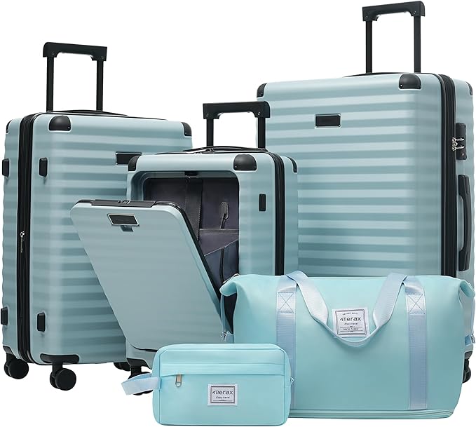 Merax Luggage Sets 5 Piece,Front Open Hardshell Expandable Suitcase with Spinner Wheels and Duffel Bags,Lightweight Carry on Luggage with USB Port and Cup Holder,20/24/28IN,Light Blue