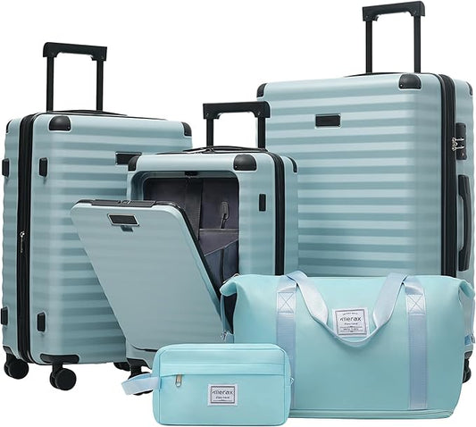 Merax Luggage Sets 5 Piece,Front Open Hardshell Expandable Suitcase with Spinner Wheels and Duffel Bags,Lightweight Carry on Luggage with USB Port and Cup Holder,20/24/28IN,Light Blue