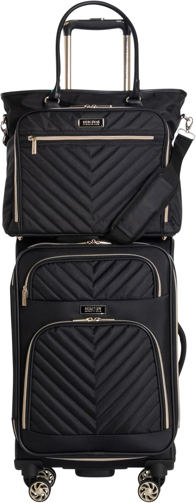 Kenneth Cole REACTION Chelsea 2-Piece Bundle - 20" Chevron Expandable 8-Wheel Carry-On Suitcase & Matching 15" Laptop Tote Bag, Black