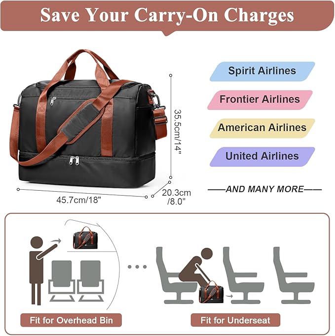 Travel Duffel Bag for Women, Carry-on Overnight Weekender Bags with Wet Pocket & Toiletry Bag, For Spirit Airlines 18x14x8 Personal Item Bag,Small,Black & Brown